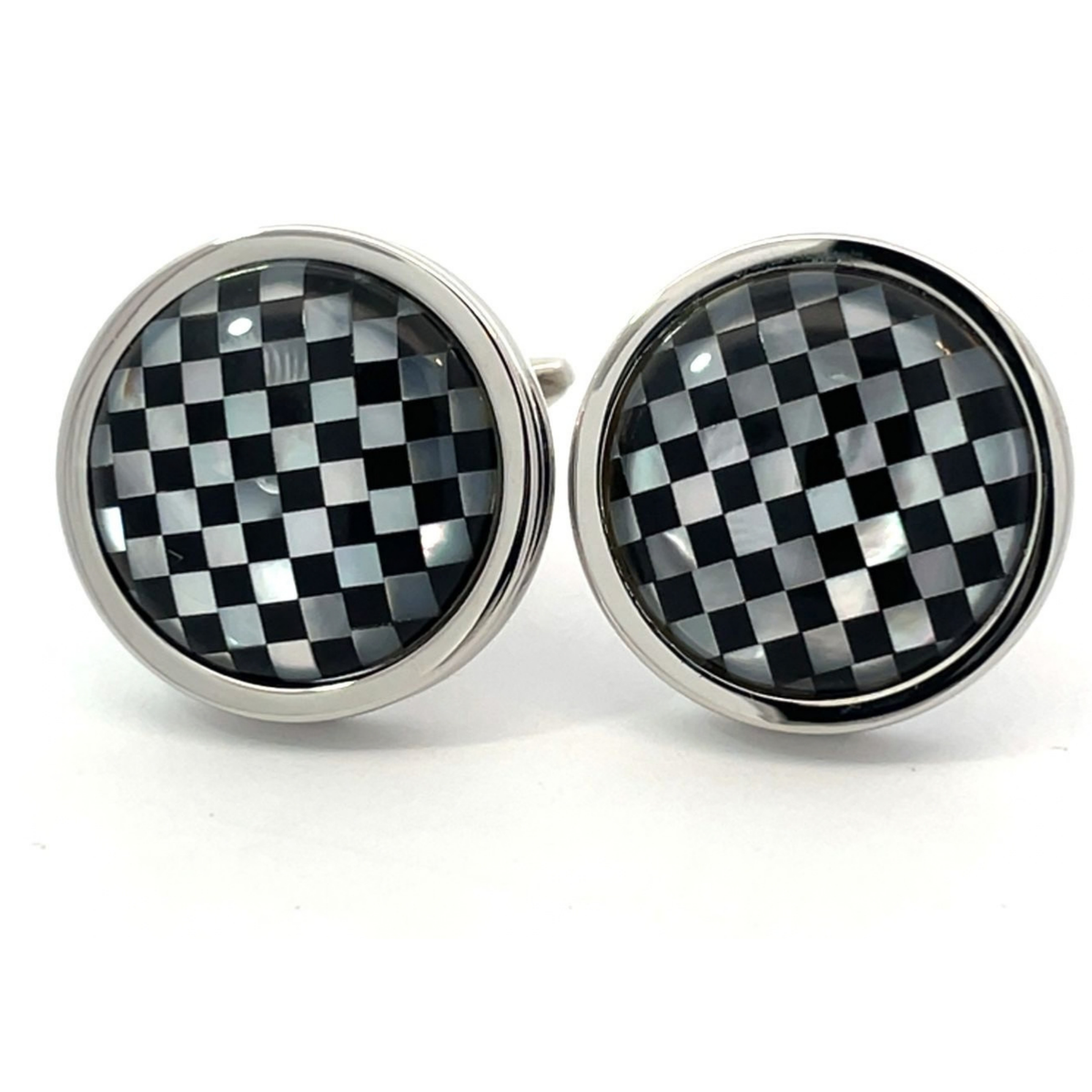 Mother of Pearl and Black Checkerboard in Round Silver Cufflinks