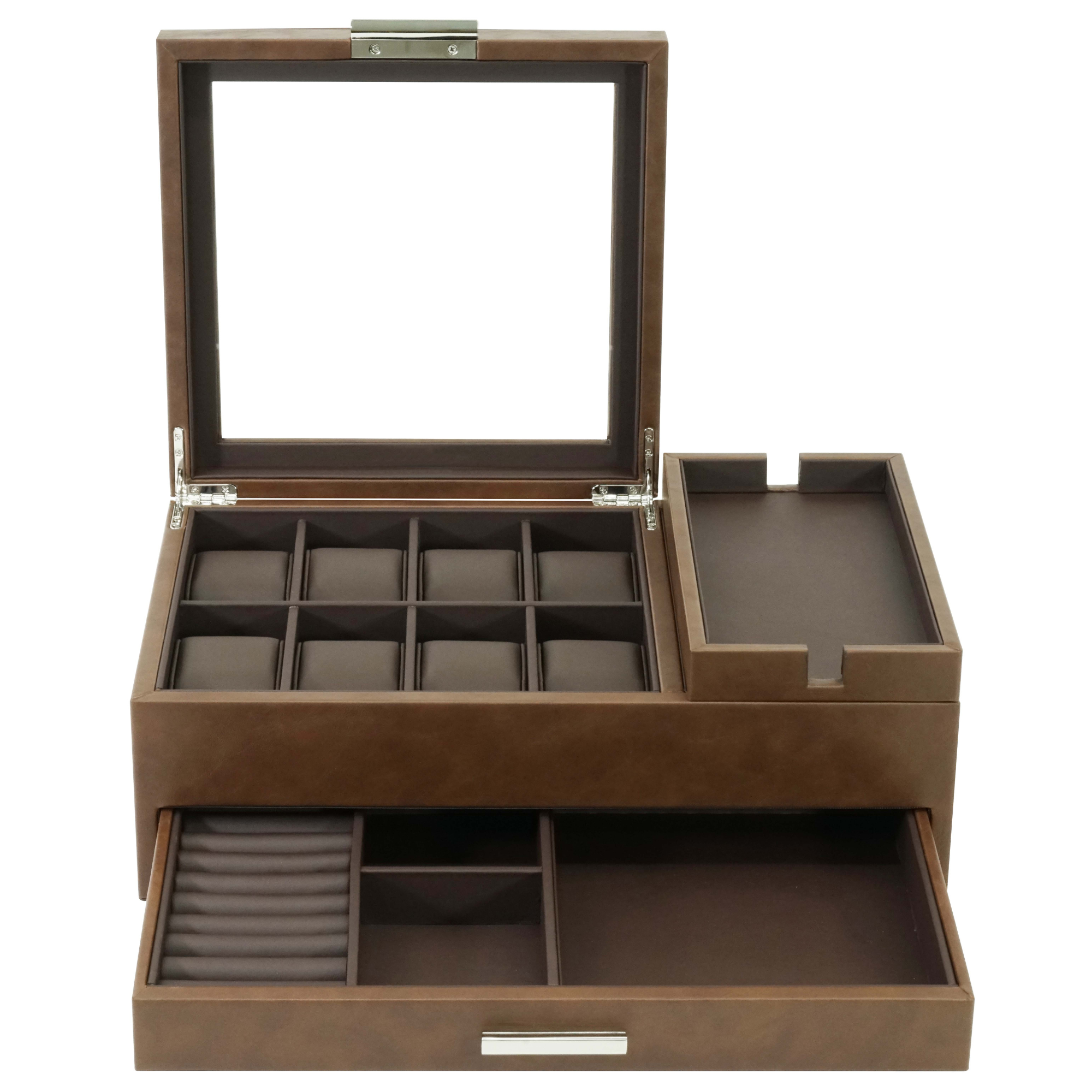 8 Slots Watch Box with Valet and Drawer in Brown