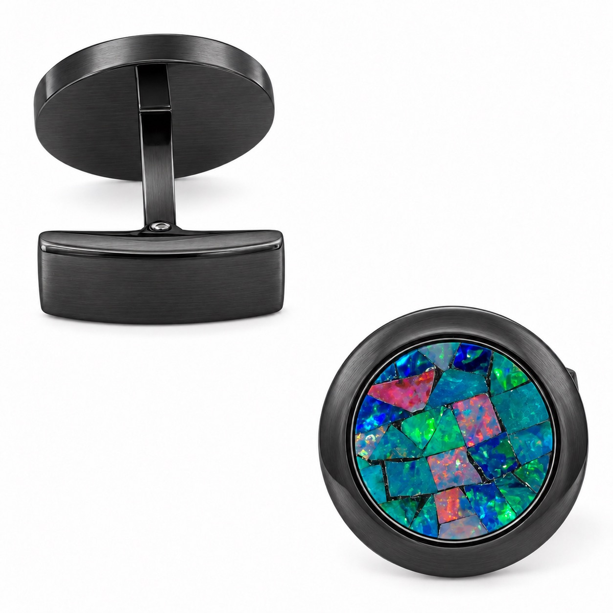Opal Brushed Black Round Cufflinks