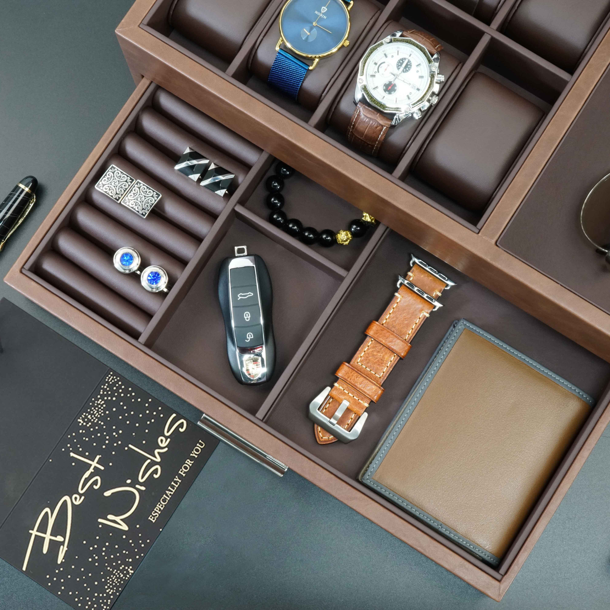 8 Slots Watch Box with Valet and Drawer in Brown