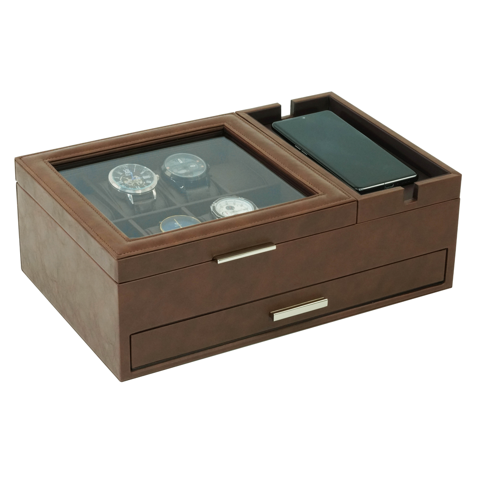 8 Slots Watch Box with Valet and Drawer in Brown